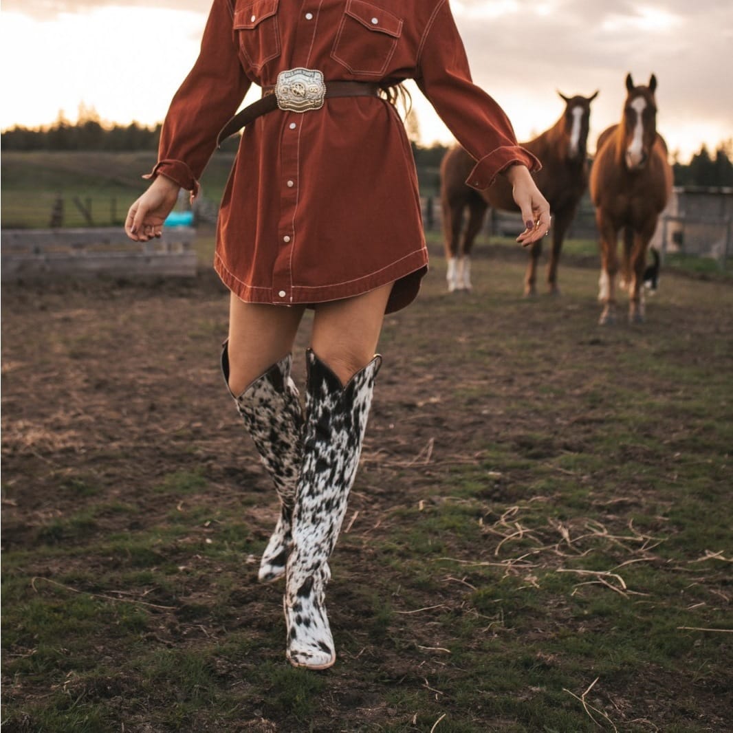 Black & White Cow Print Tall Women's Western Boots-60062