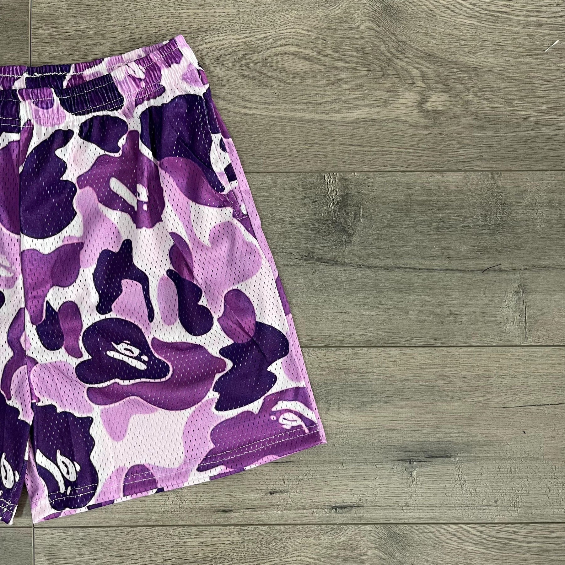 RDMCLOTHINGART tapestry hoodie PURPLE CAMO MESH SHORTS-8697